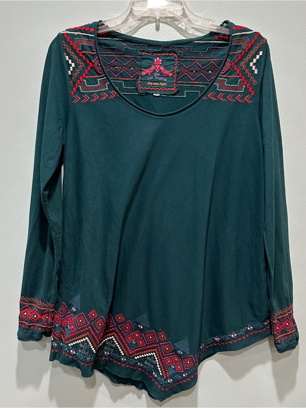 JOHNNY WAS Embroidered Scoop-Neck assymetrical tunic Top - Teal with Red Accents